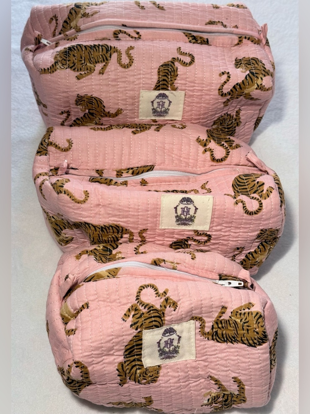 New 3 Piece Indian Pink Tiger Cotton Toiletry Bags.